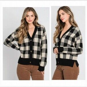 BE Cool Open Front Long Sleeve Buffalo Check Cardigan Size M/L